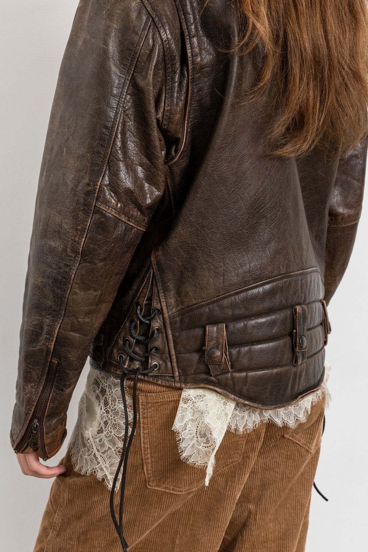 Vintage Brown Distressed Leather Biker Jacket With Side Tie Detail