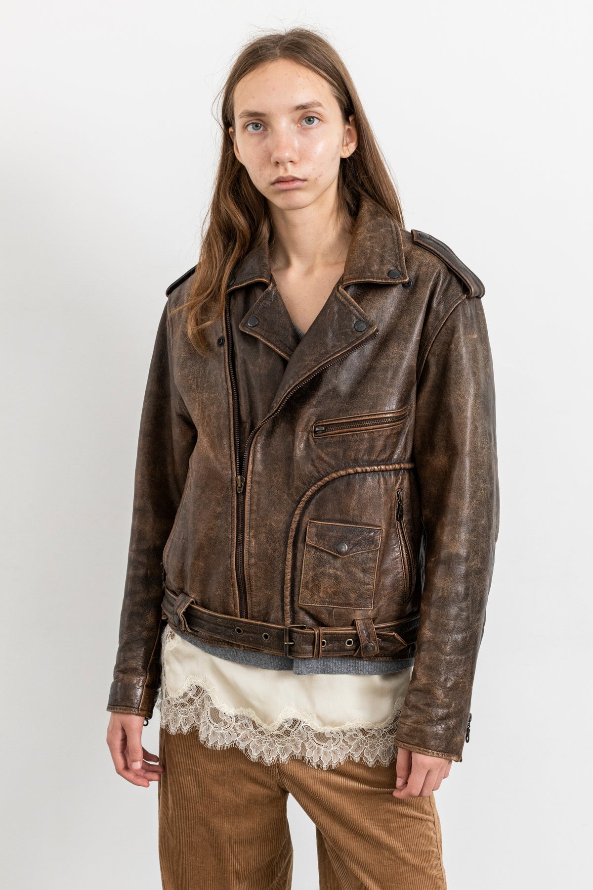 Vintage Brown Distressed Leather Biker Jacket With Side Tie Detail