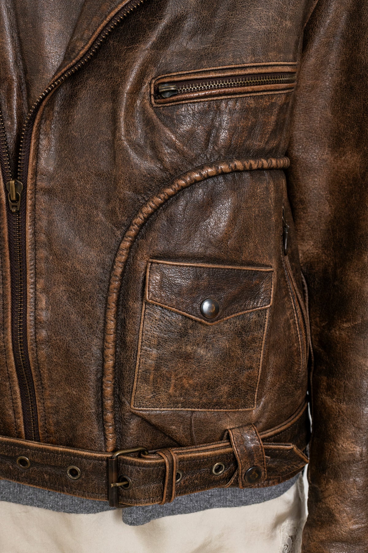 Vintage Brown Distressed Leather Biker Jacket With Side Tie Detail