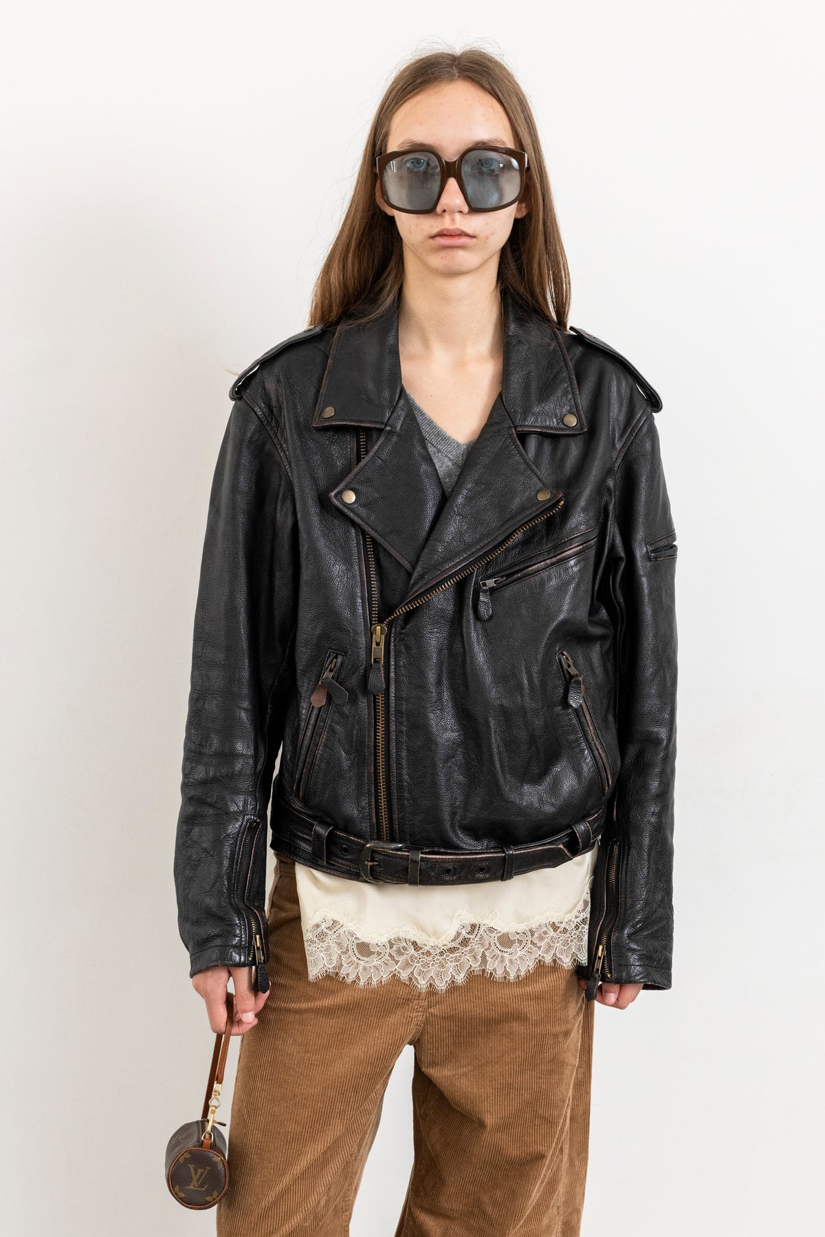 Vintage Black Leather Biker Jacket with Faded Seams