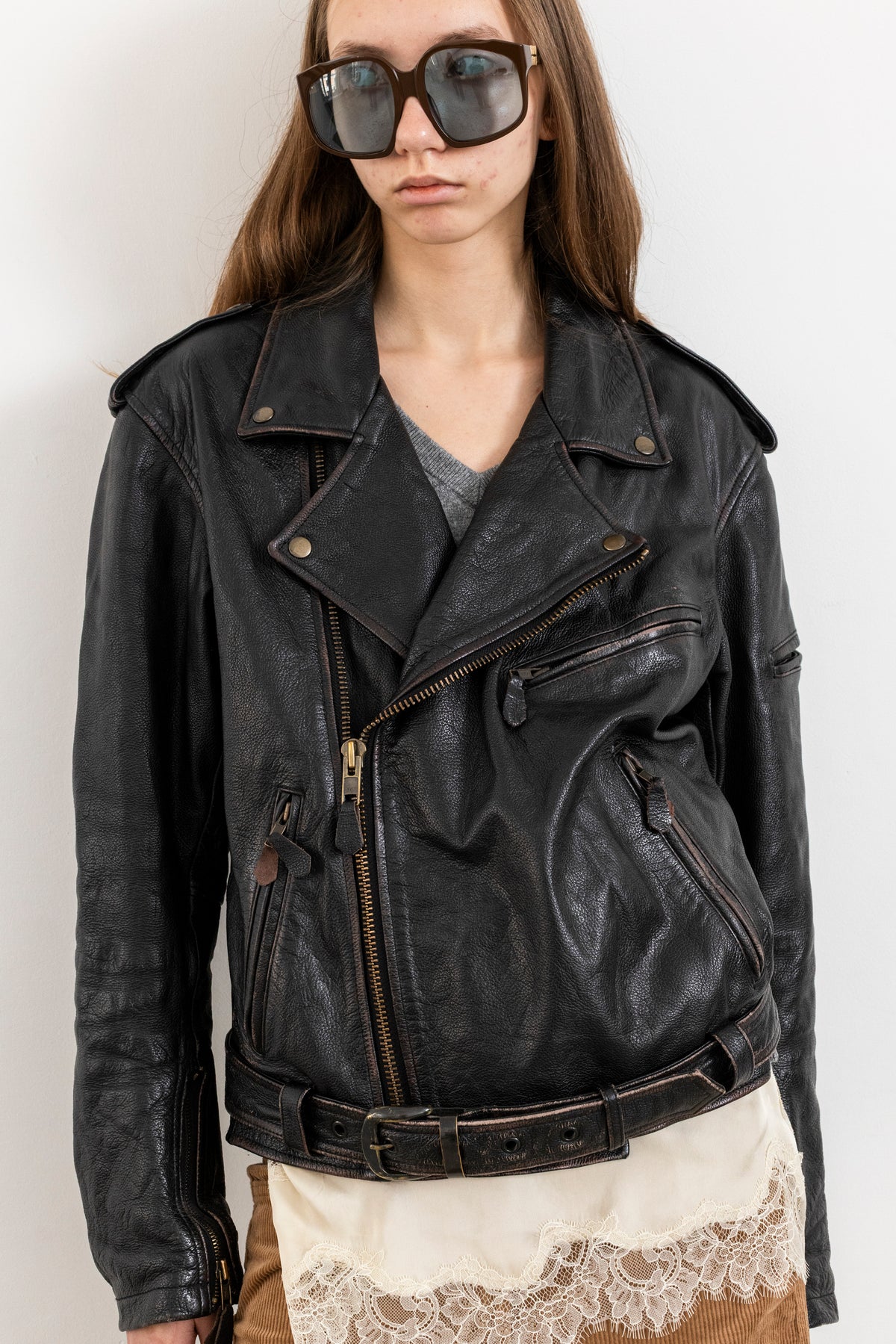 Vintage Black Leather Biker Jacket with Faded Seams