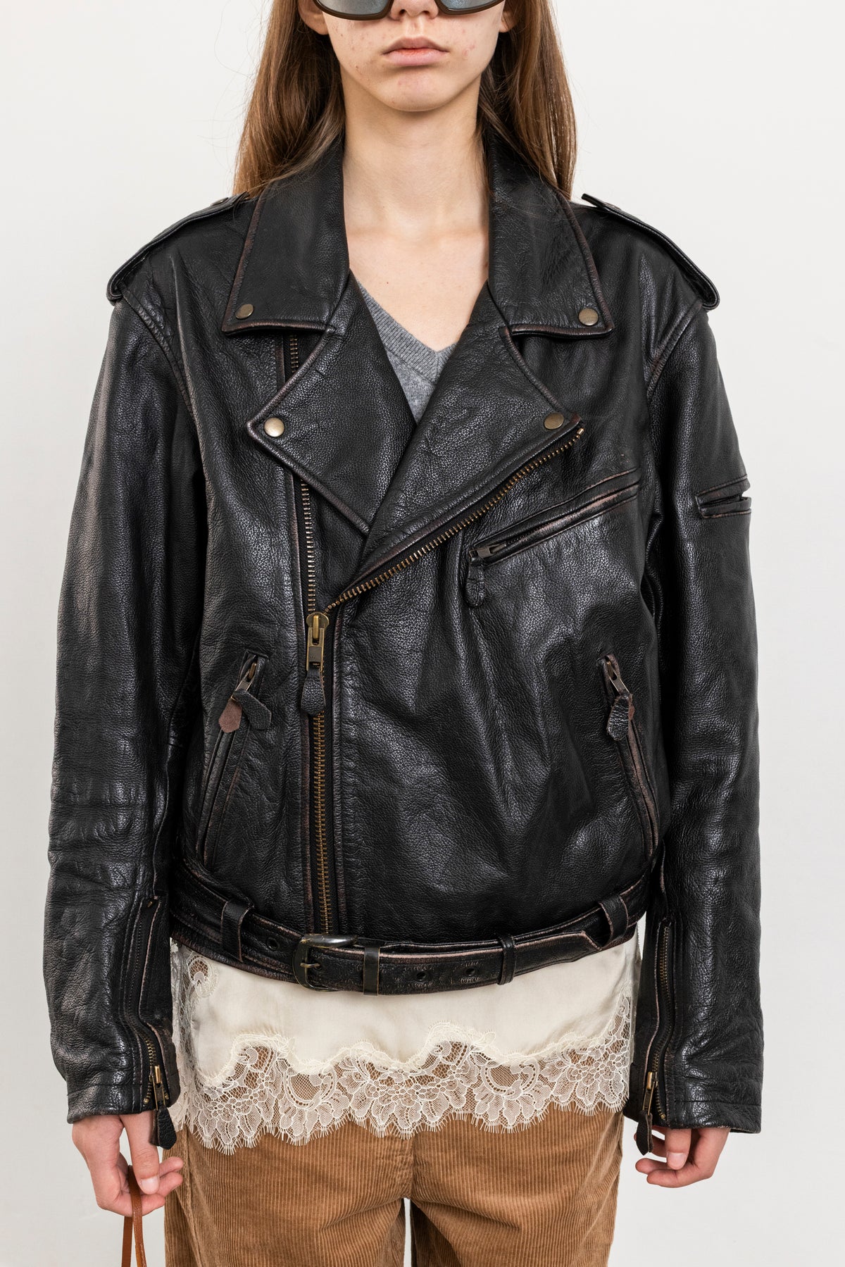 Vintage Black Leather Biker Jacket with Faded Seams