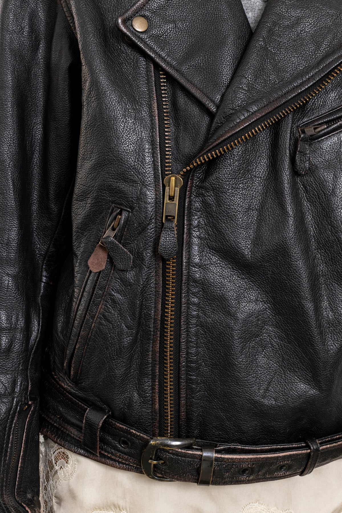 Vintage Black Leather Biker Jacket with Faded Seams