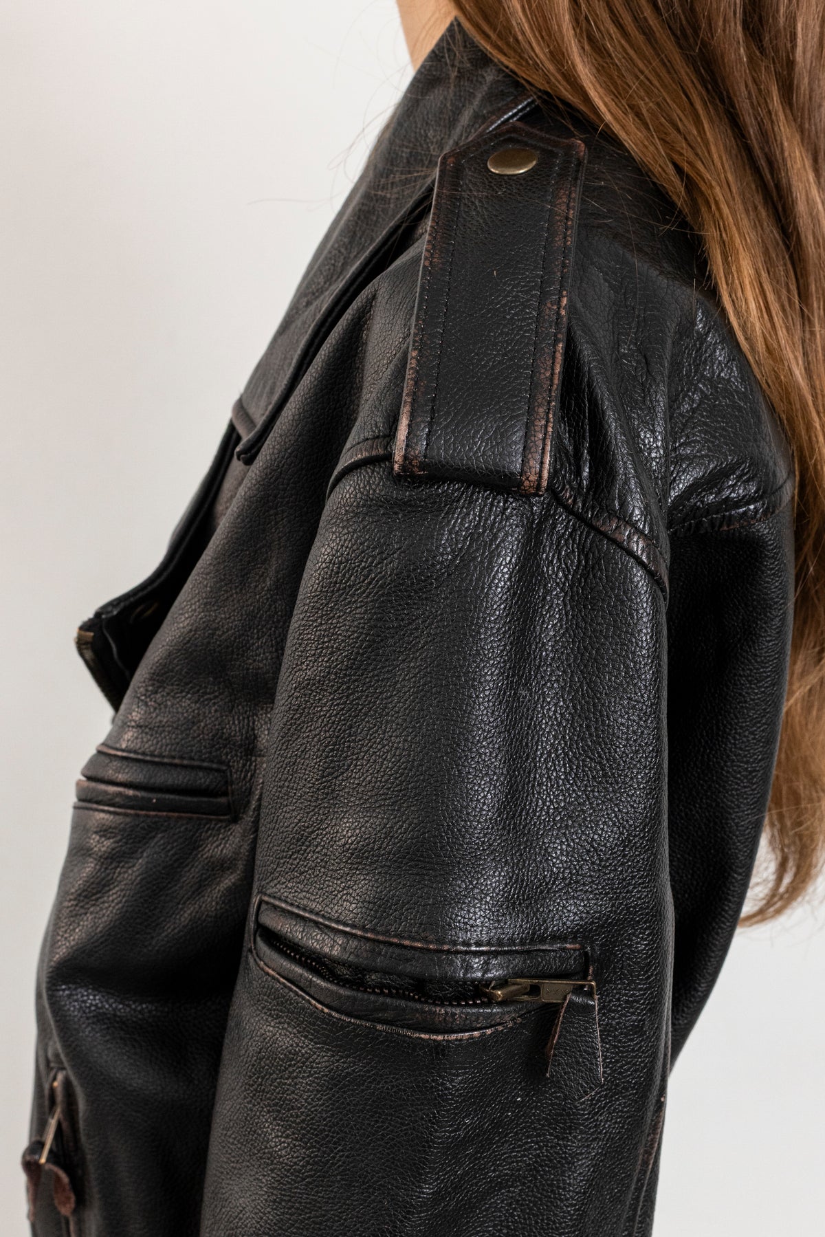 Vintage Black Leather Biker Jacket with Faded Seams