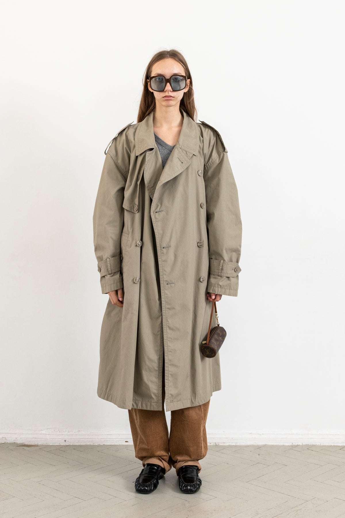 Vintage Grey Beige Double Breasted Trench Coat