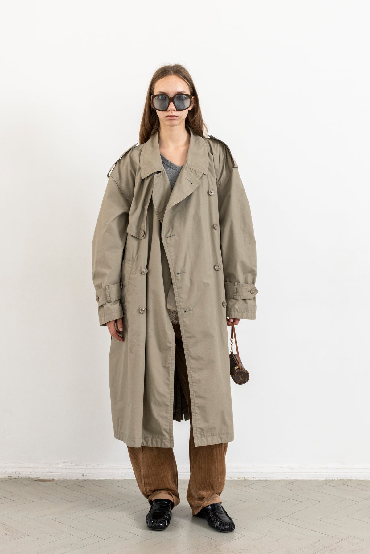 Vintage Grey Beige Double Breasted Trench Coat