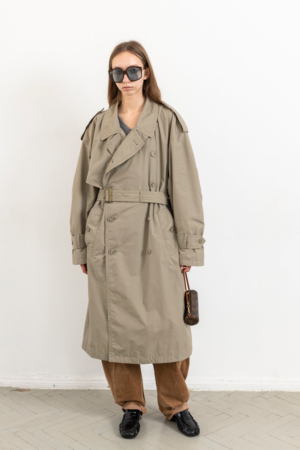 Vintage Grey Beige Double Breasted Trench Coat