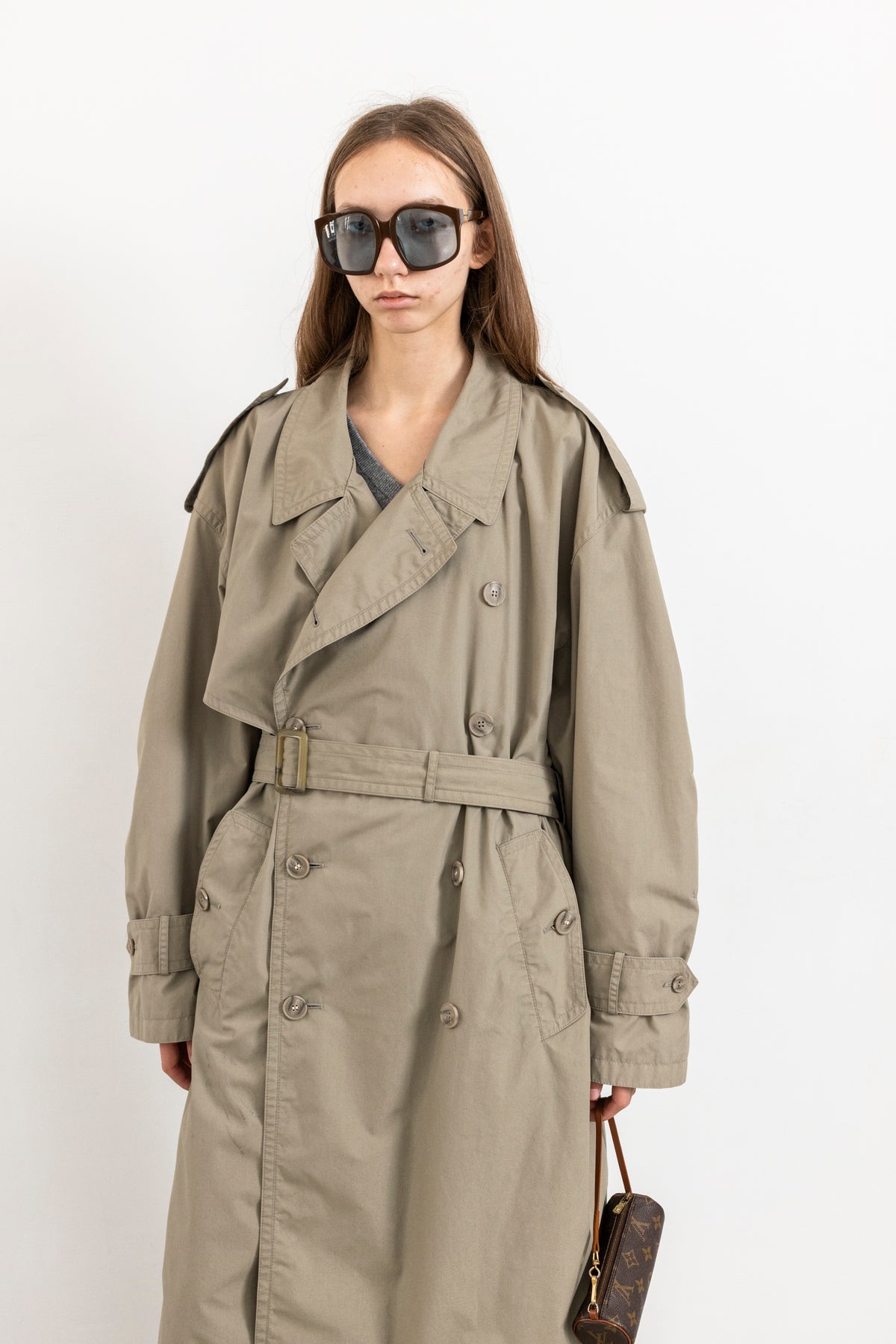 Vintage Grey Beige Double Breasted Trench Coat