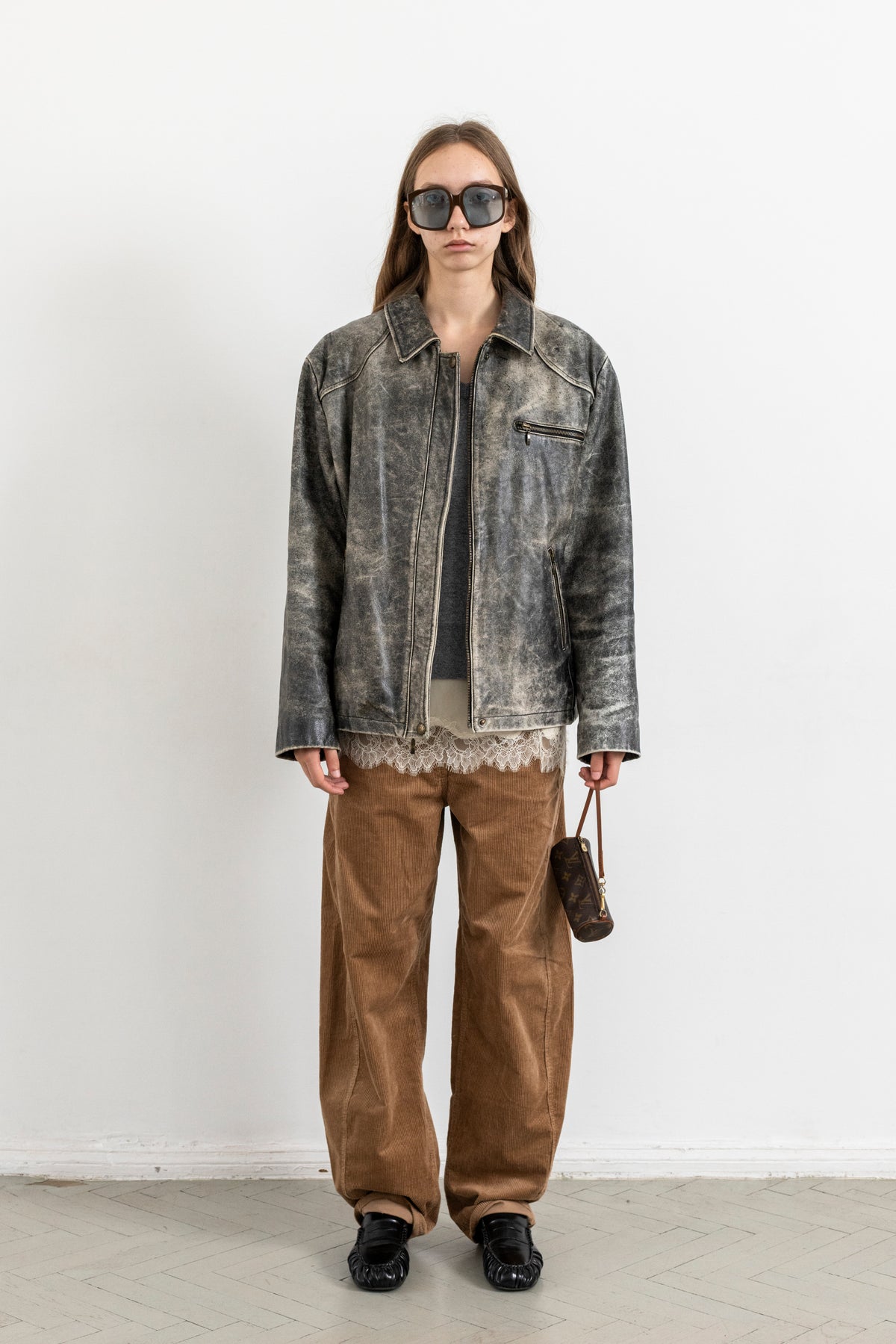 Vintage Grey Boxy Distressed Leather Jacket