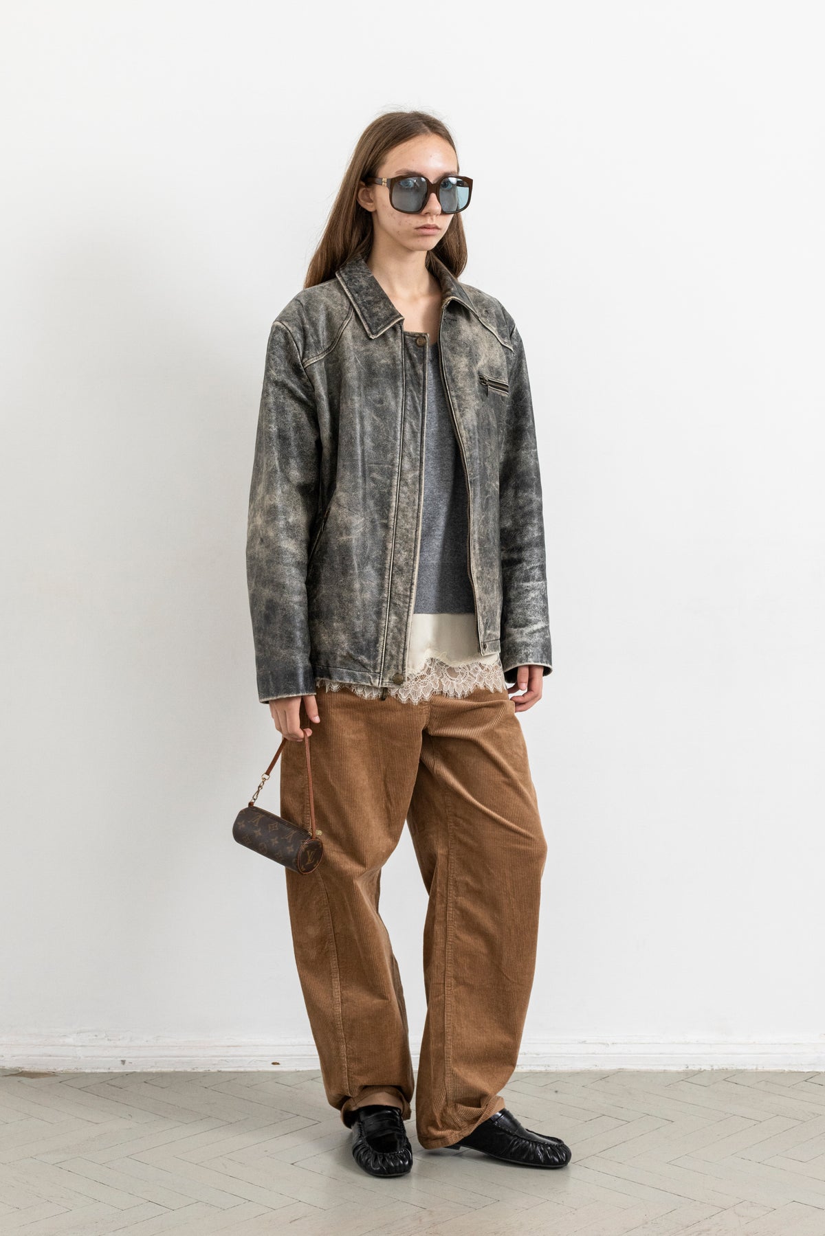 Vintage Grey Boxy Distressed Leather Jacket