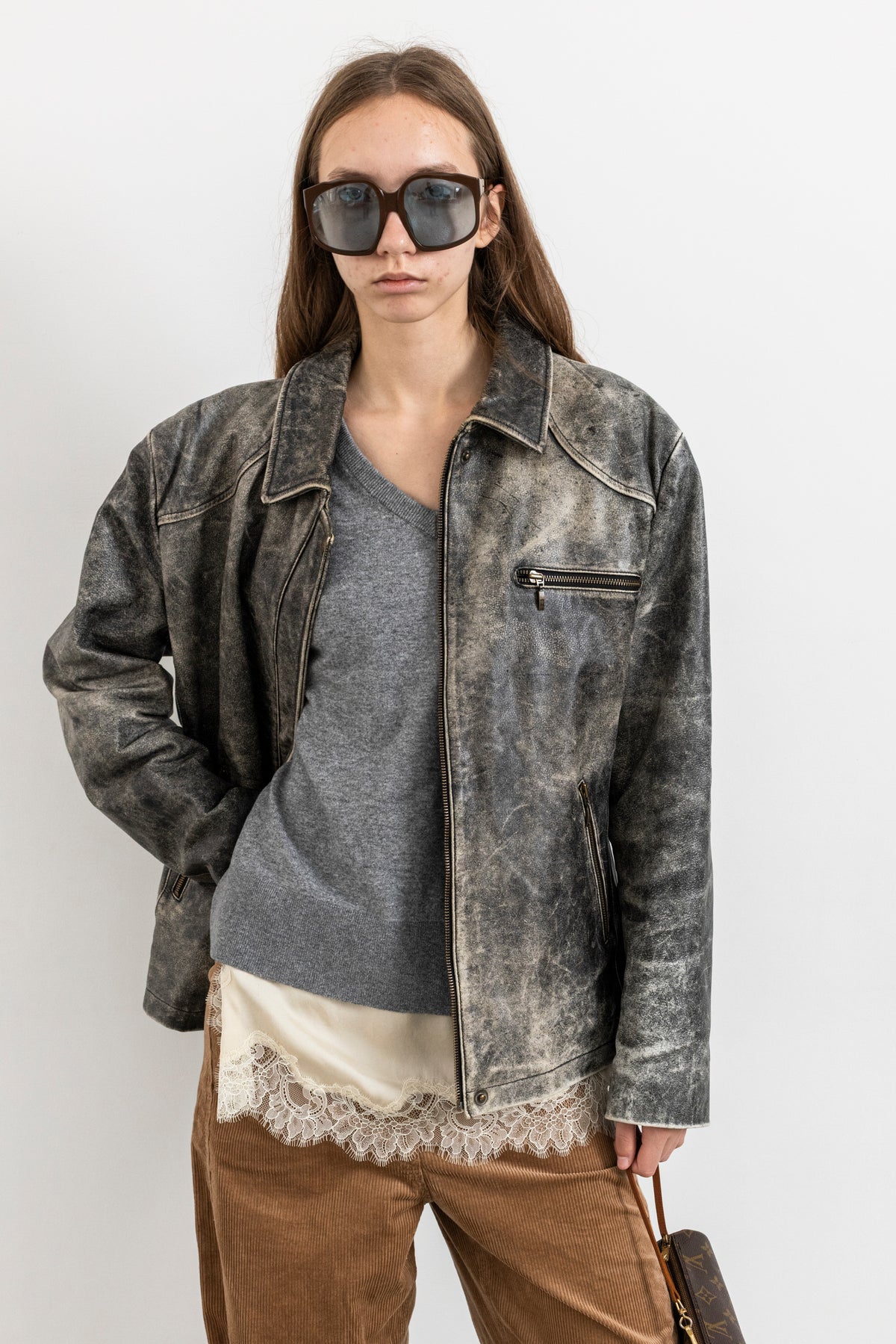 Vintage Grey Boxy Distressed Leather Jacket