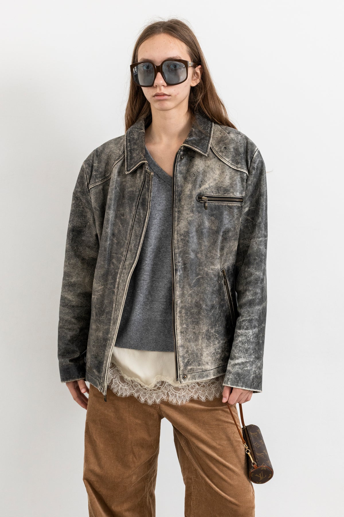 Vintage Grey Boxy Distressed Leather Jacket
