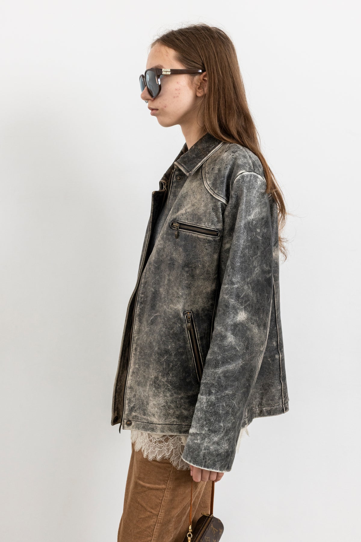 Vintage Grey Boxy Distressed Leather Jacket
