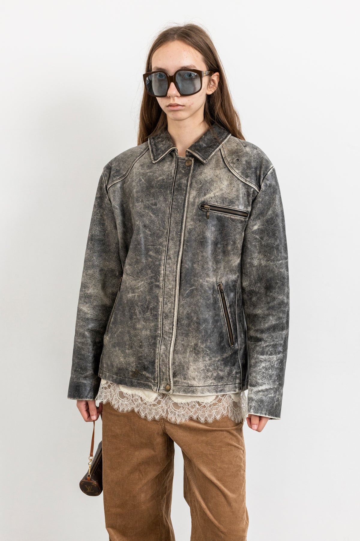 Vintage Grey Boxy Distressed Leather Jacket