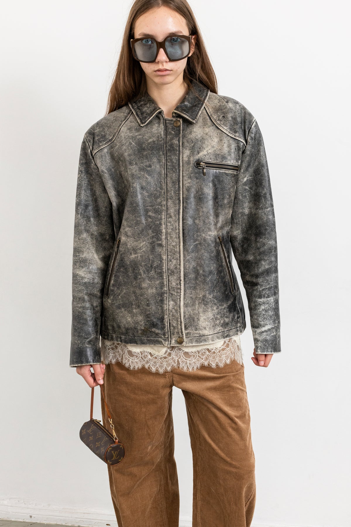 Vintage Grey Boxy Distressed Leather Jacket