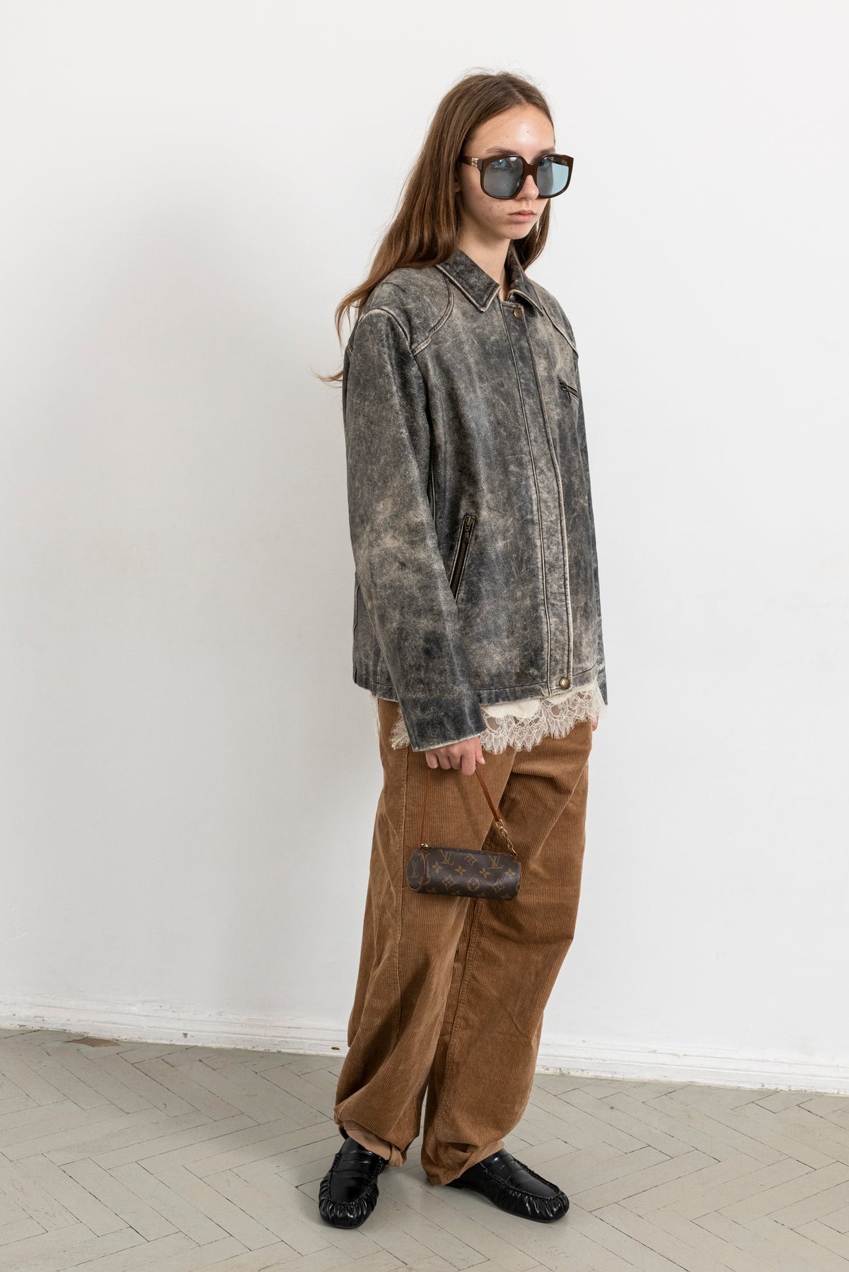 Vintage Grey Boxy Distressed Leather Jacket