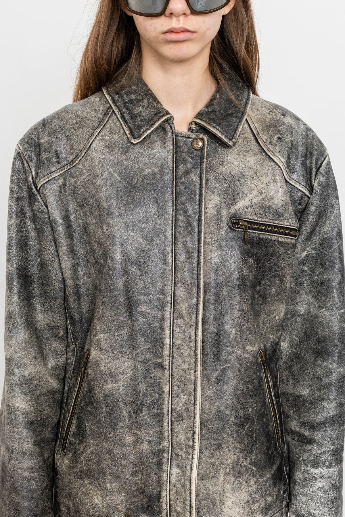 Vintage Grey Boxy Distressed Leather Jacket