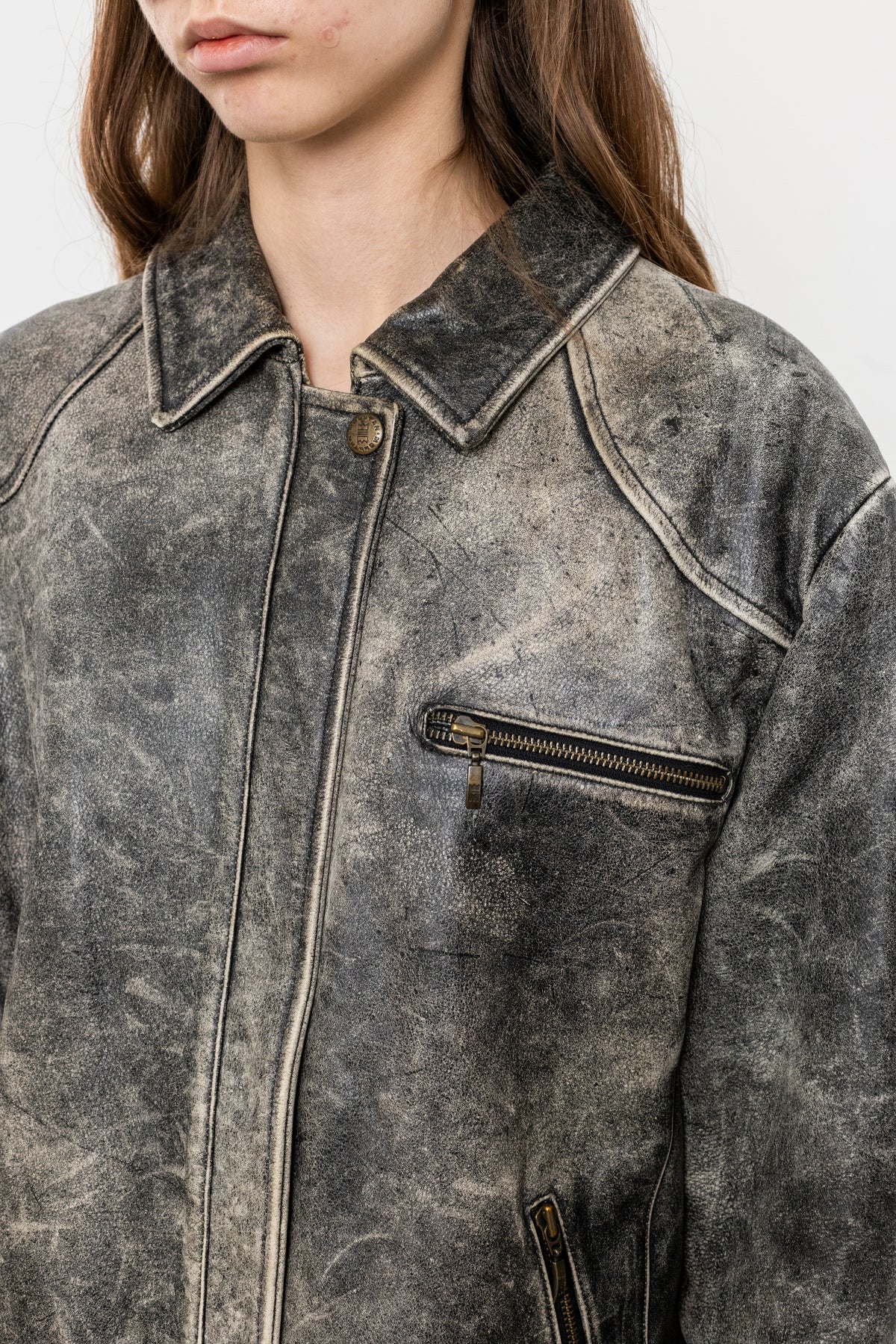 Vintage Grey Boxy Distressed Leather Jacket