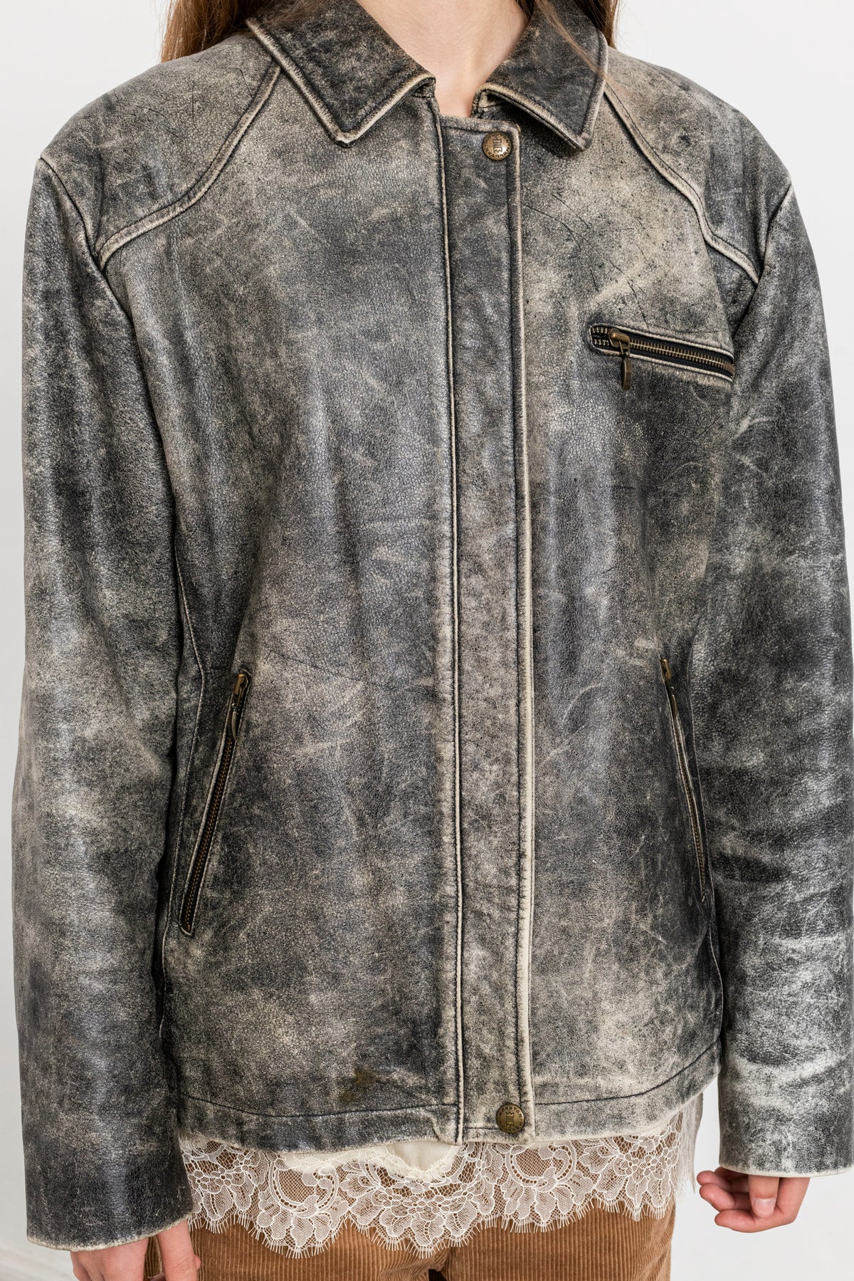 Vintage Grey Boxy Distressed Leather Jacket