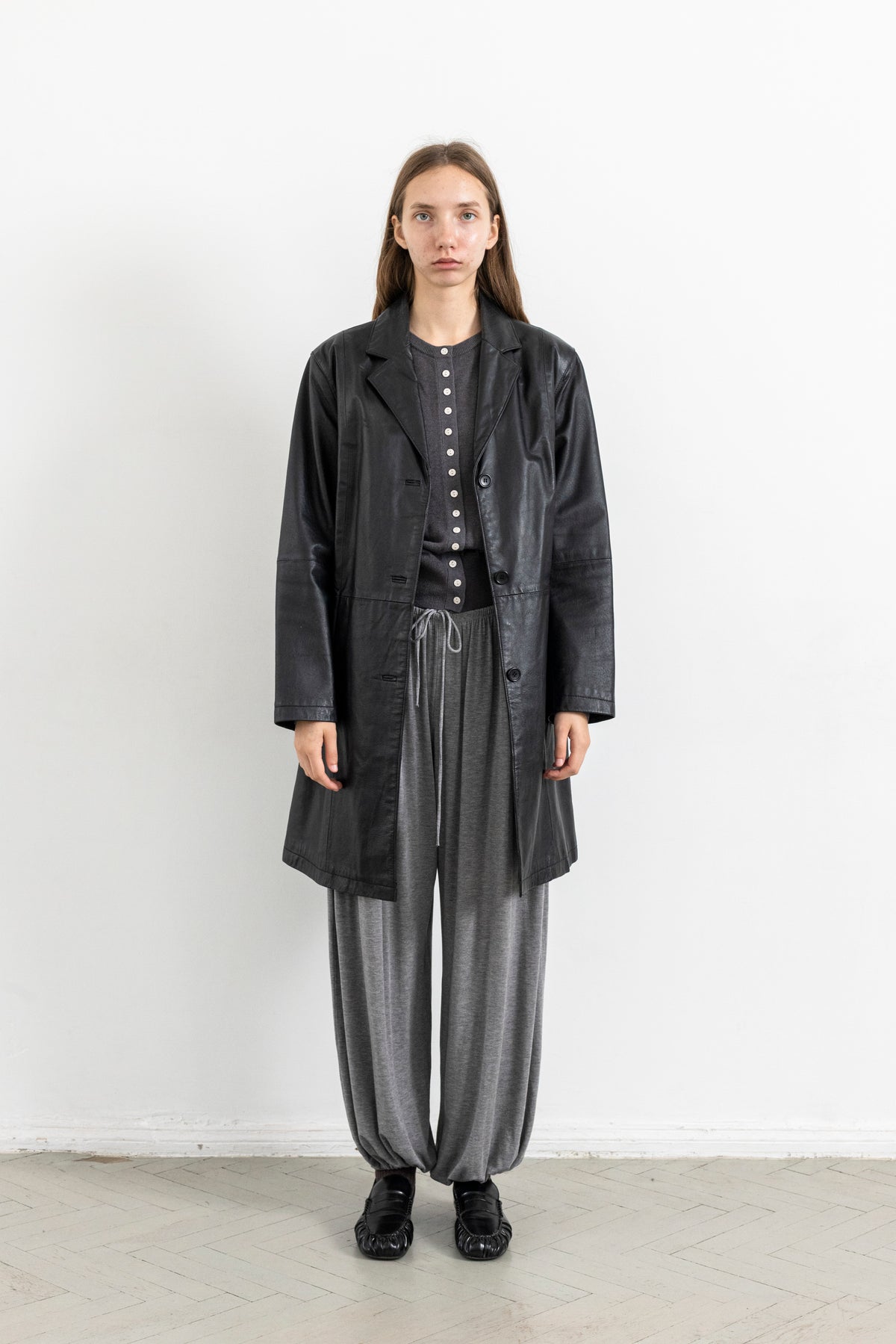Vintage Black Leather Mid-Length Jacket