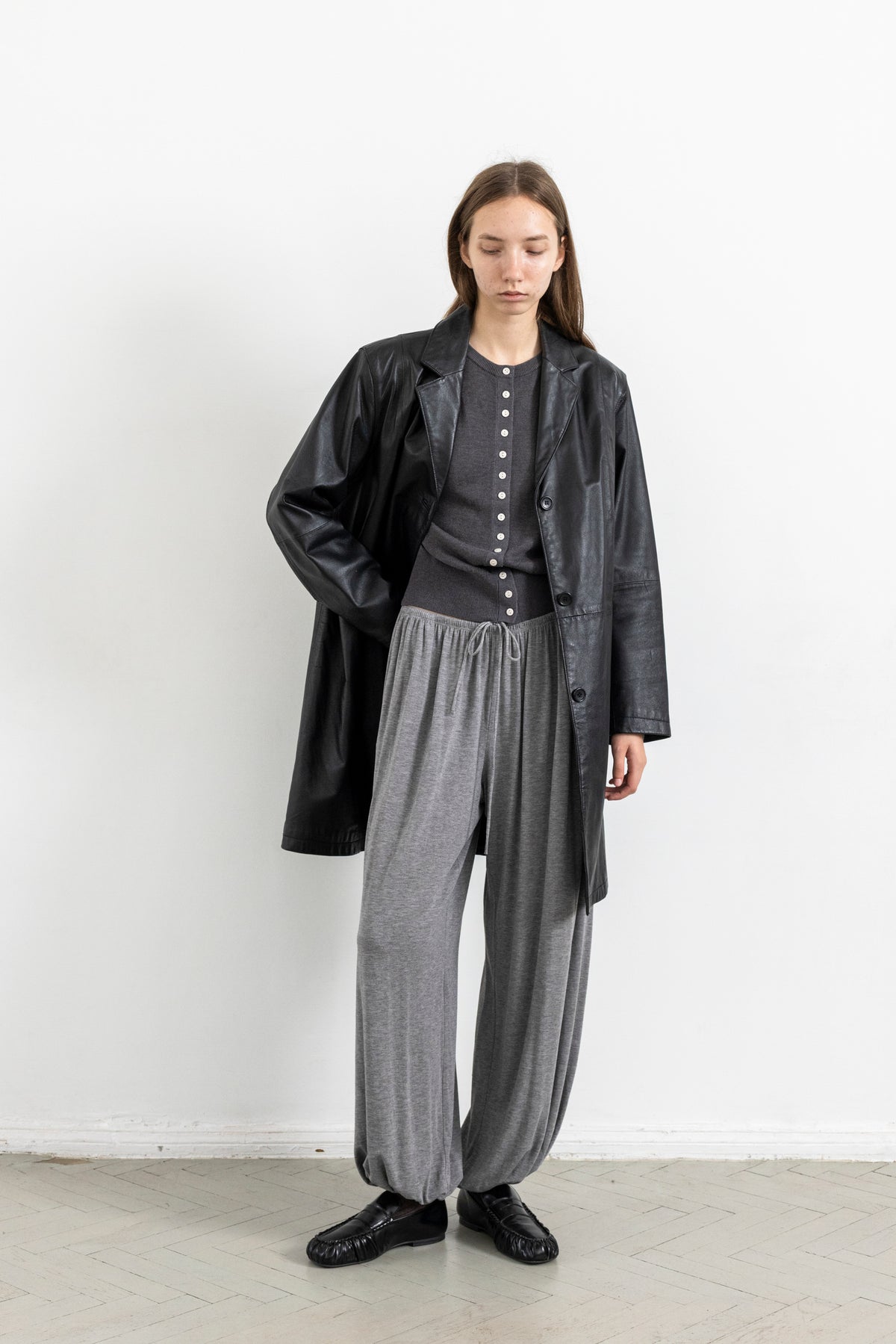 Vintage Black Leather Mid-Length Jacket