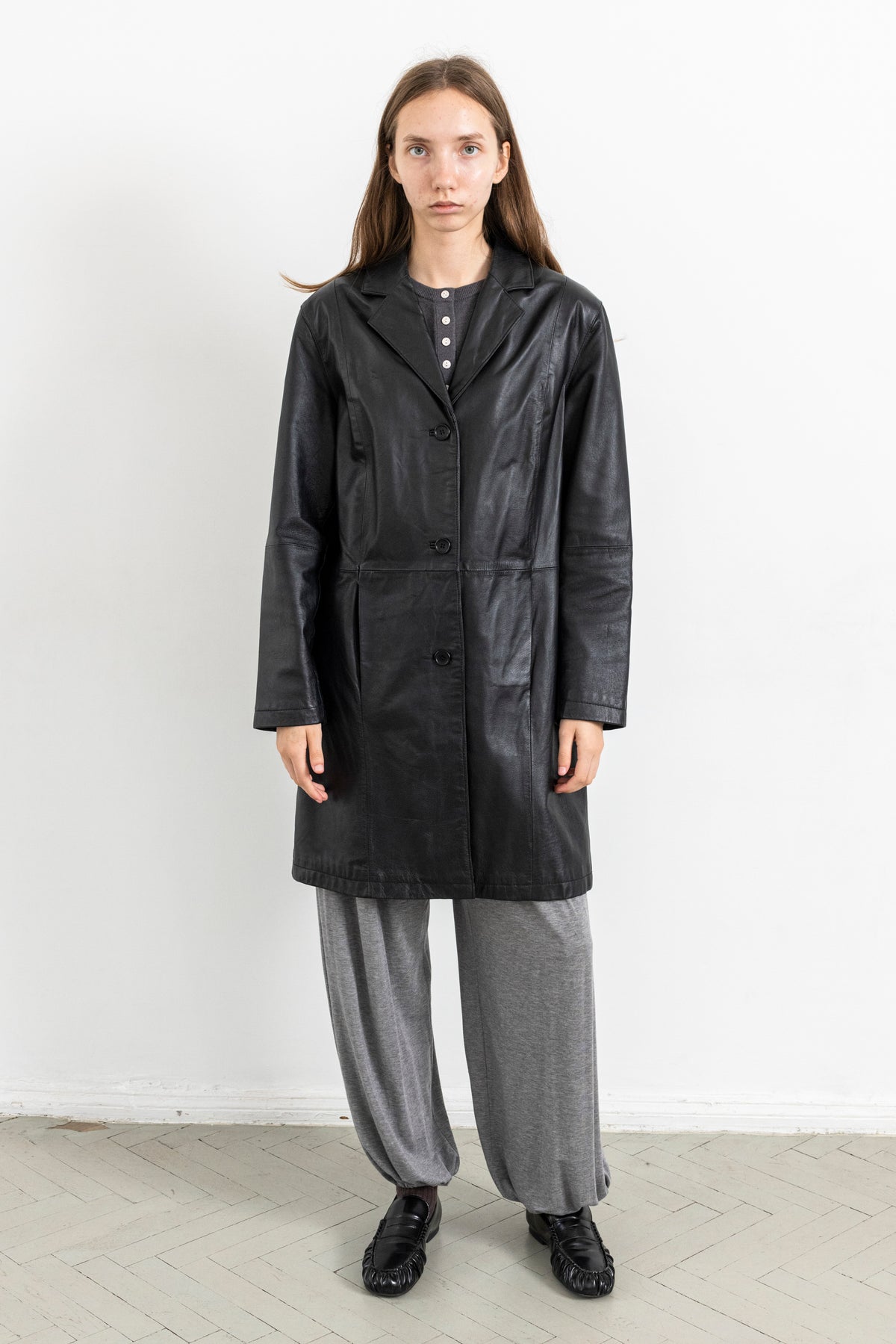 Vintage Black Leather Mid-Length Jacket