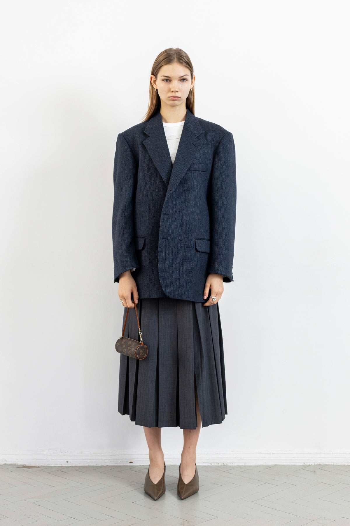Vintage Dark Blue Chevron 100% Wool Blazer