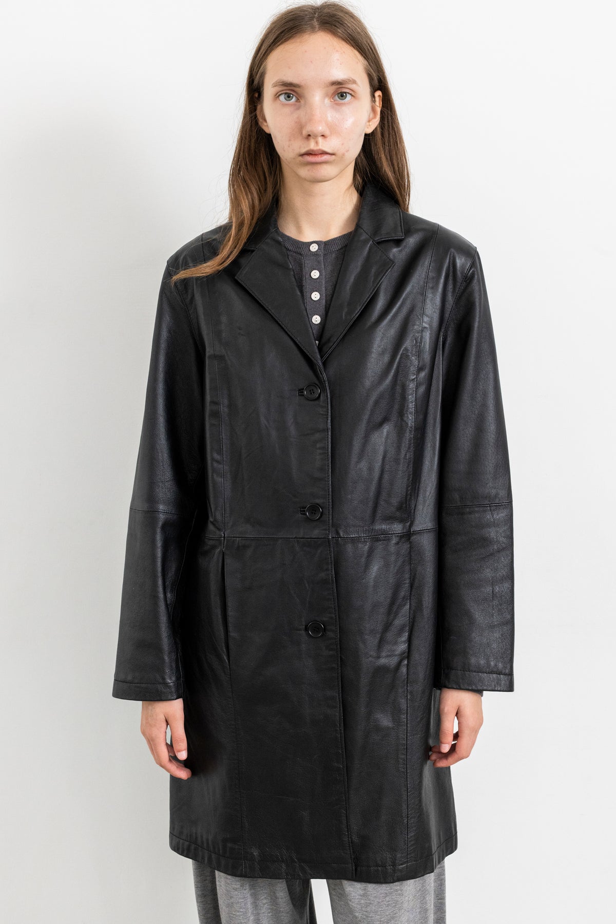 Vintage Black Leather Mid-Length Jacket