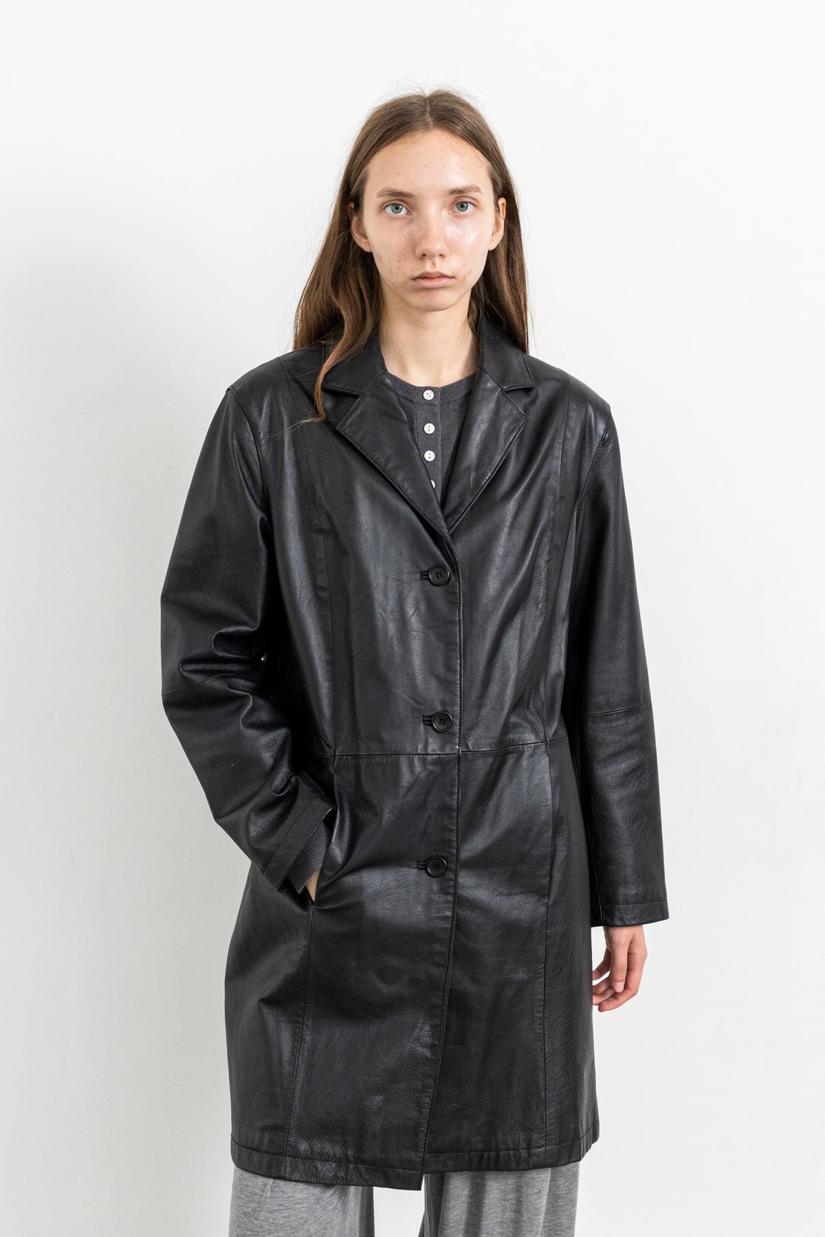 Vintage Black Leather Mid-Length Jacket