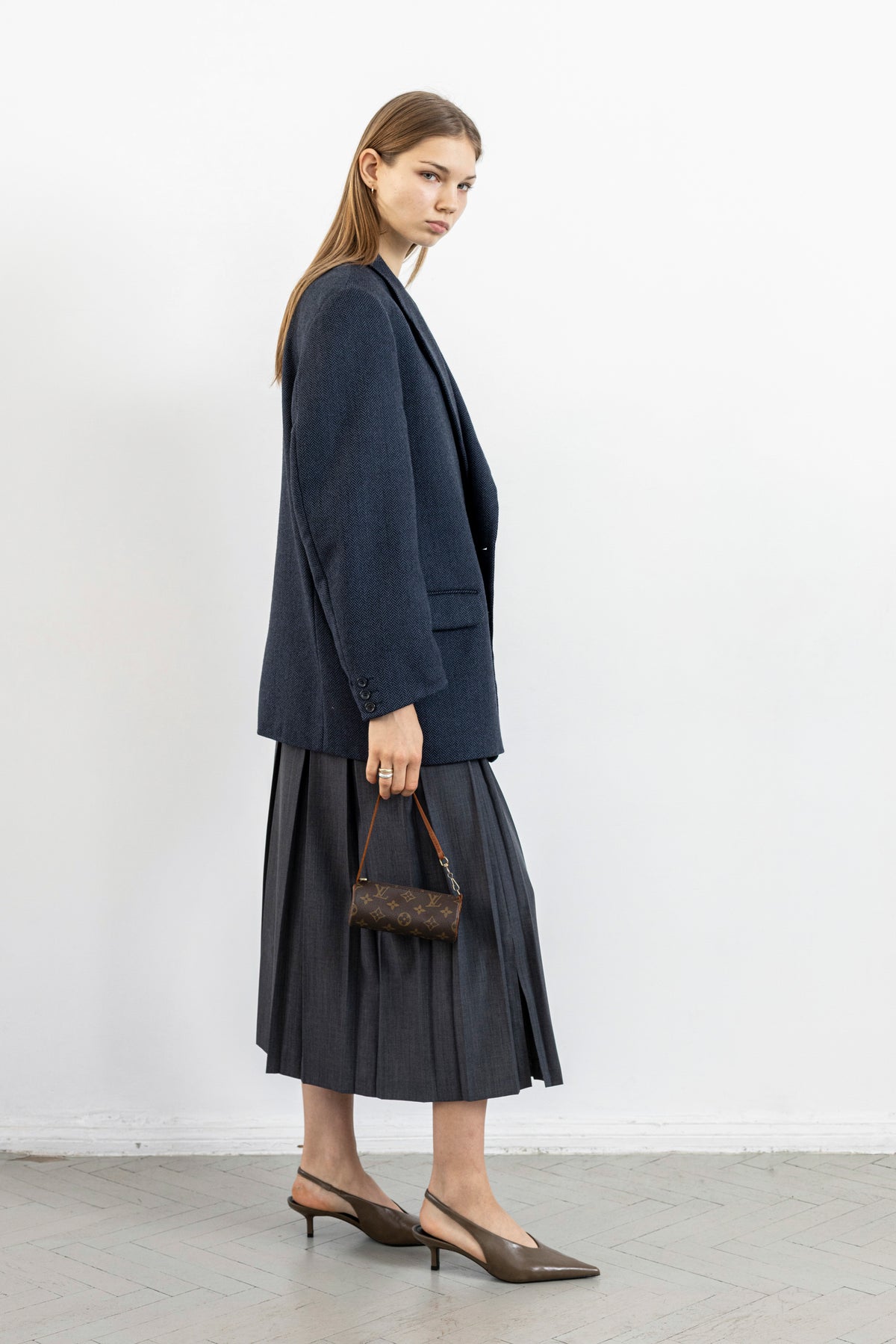 Vintage Dark Blue Chevron 100% Wool Blazer