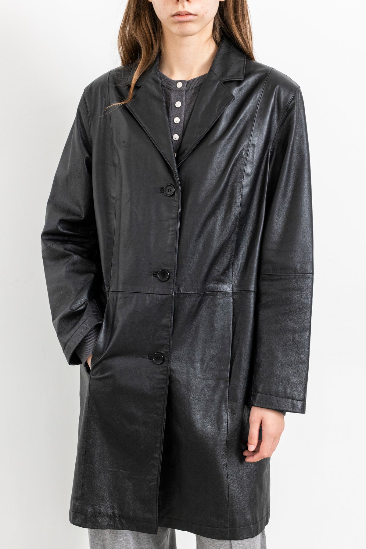 Vintage Black Leather Mid-Length Jacket