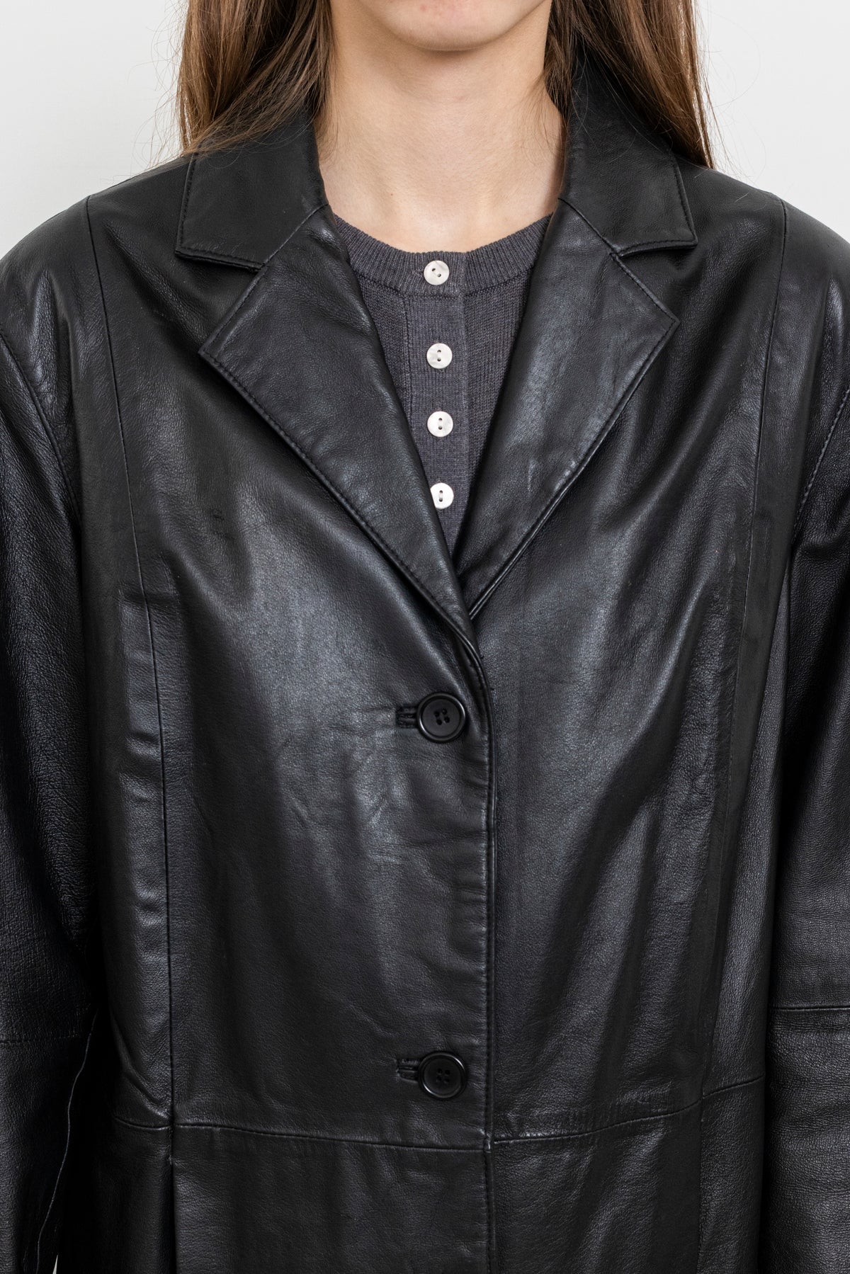 Vintage Black Leather Mid-Length Jacket