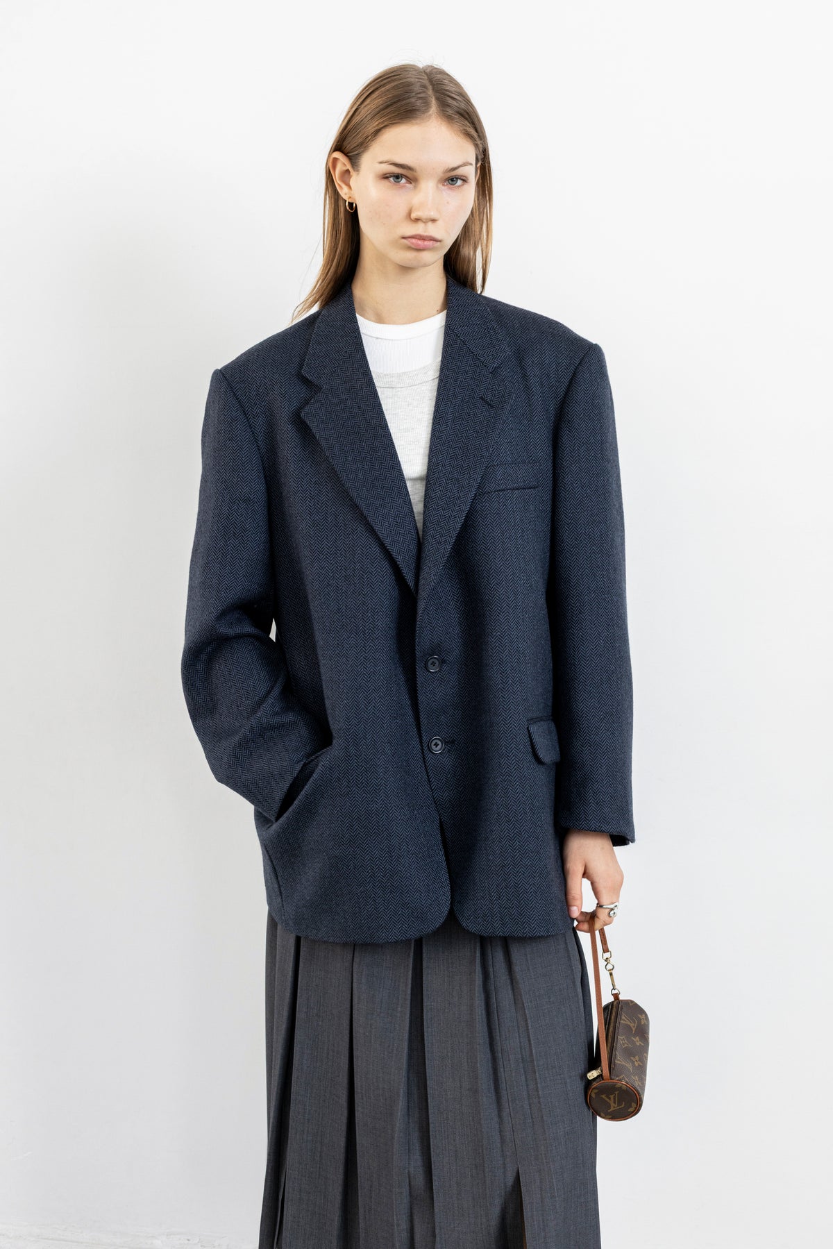 Vintage Dark Blue Chevron 100% Wool Blazer