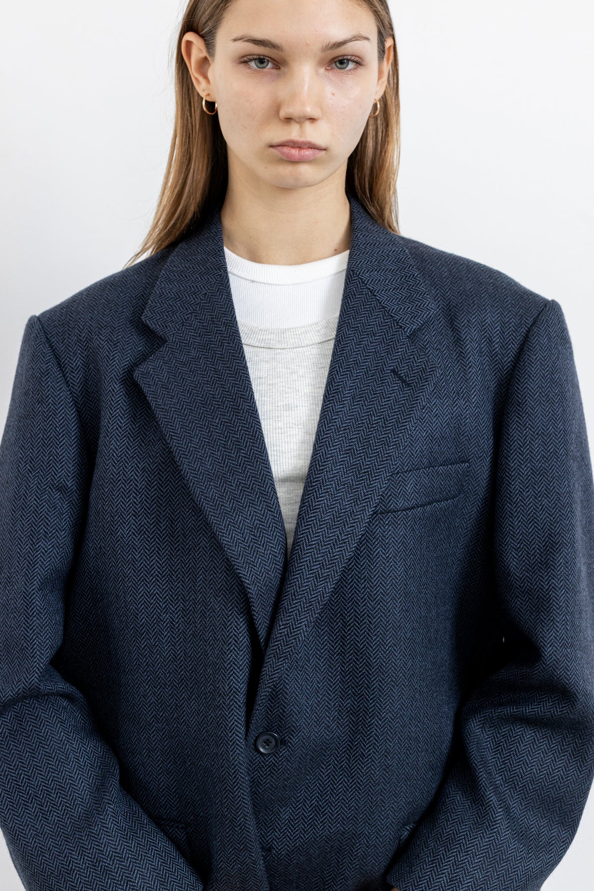 Vintage Dark Blue Chevron 100% Wool Blazer