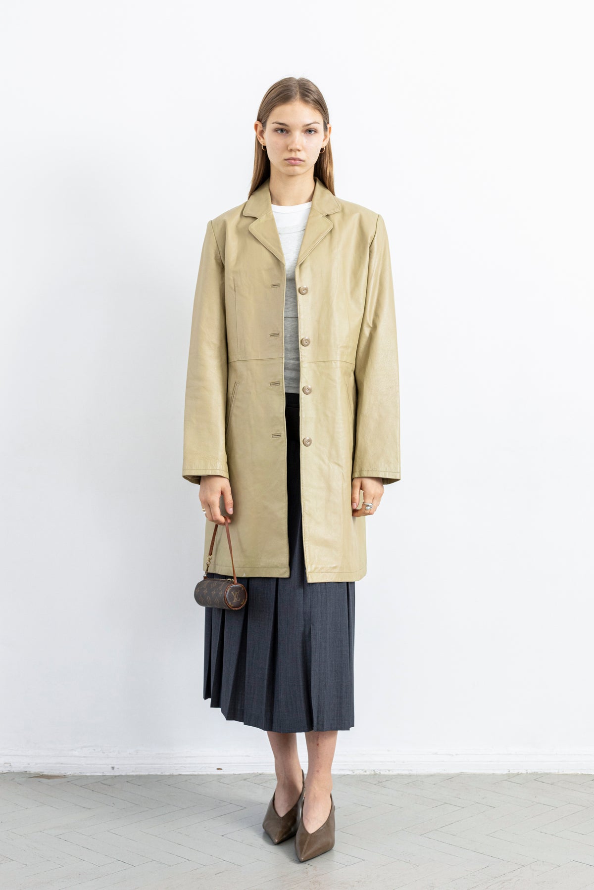 Vintage Beige Mid-Length Leather Jacket
