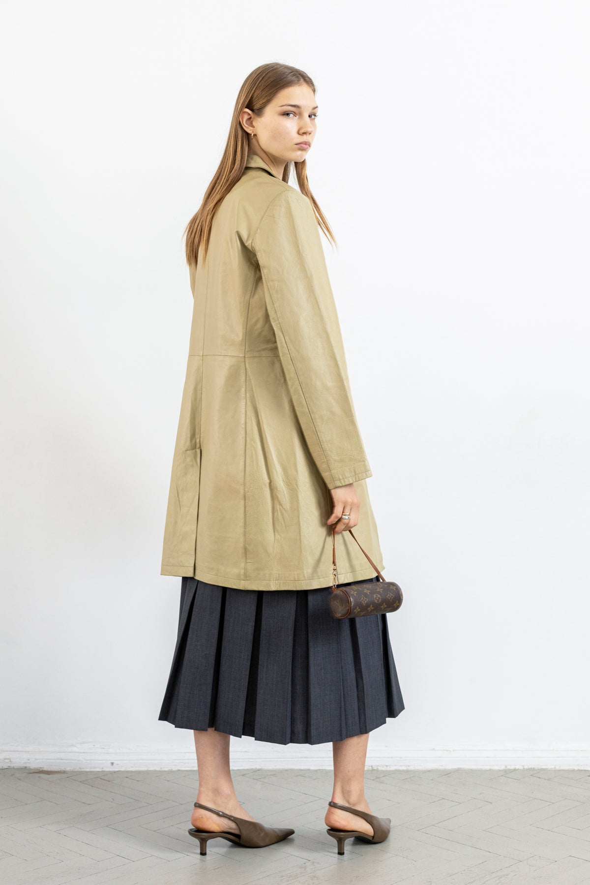 Vintage Beige Mid-Length Leather Jacket