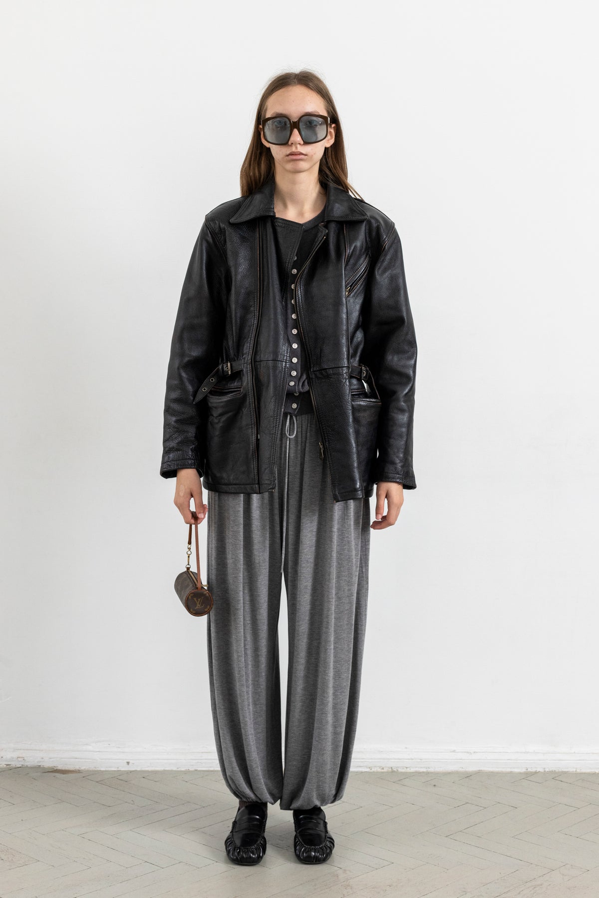 Vintage Black Leather Biker Jacket with Buckled Waist