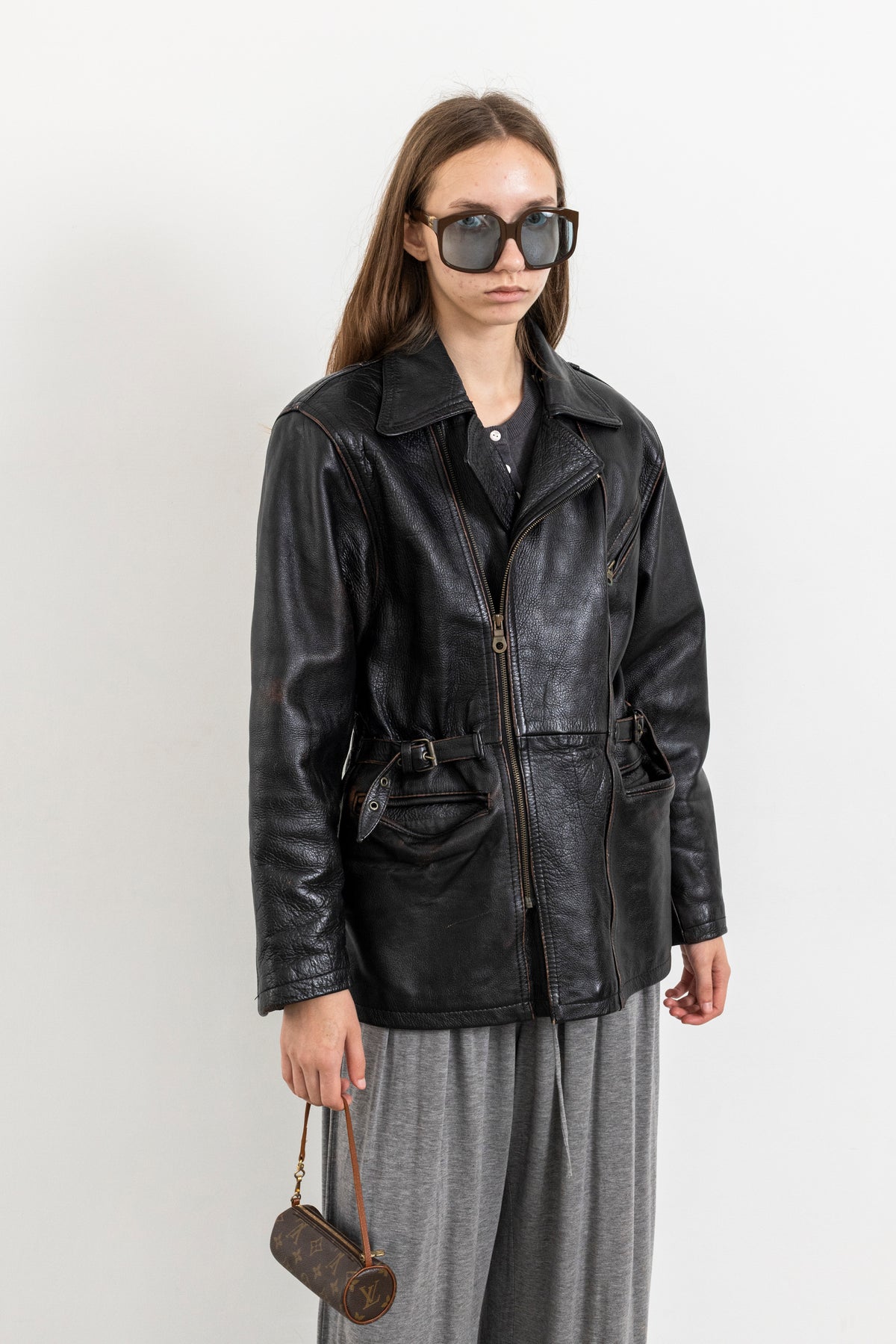 Vintage Black Leather Biker Jacket with Buckled Waist