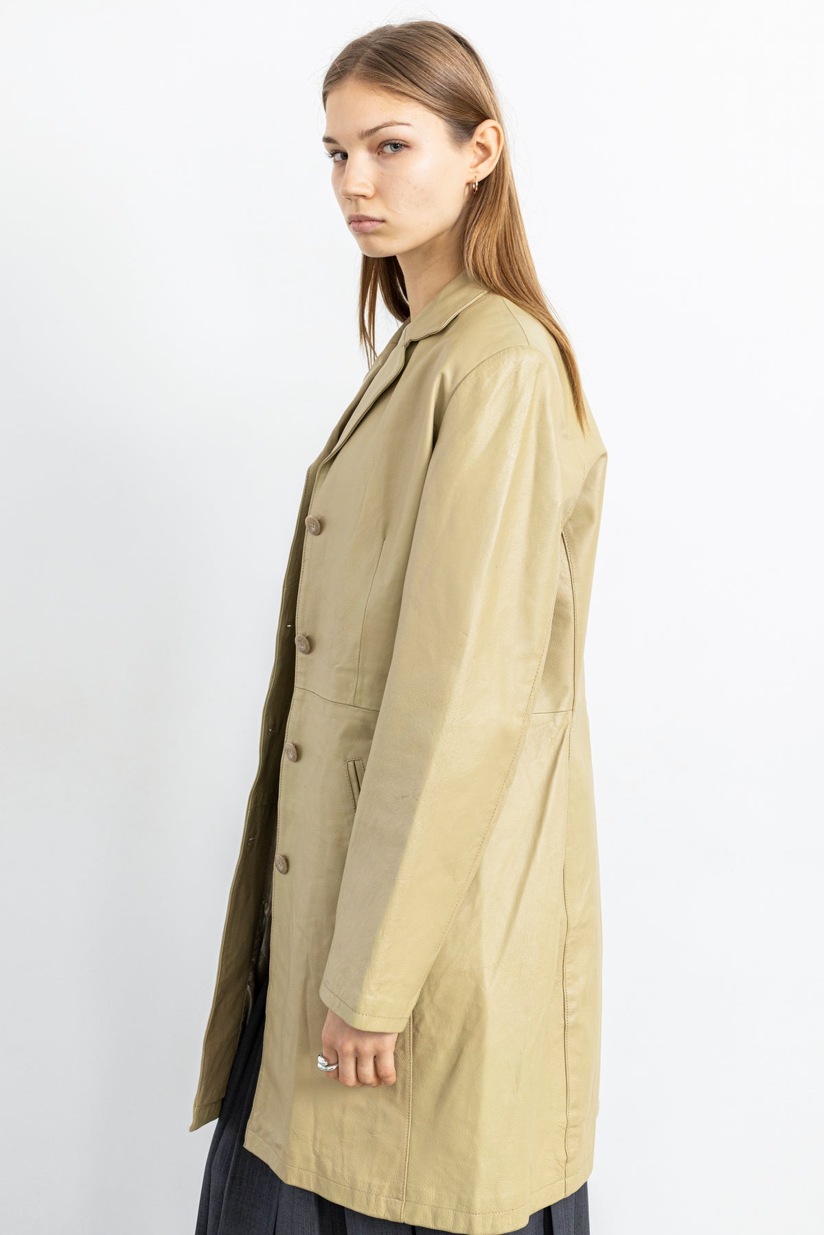 Vintage Beige Mid-Length Leather Jacket
