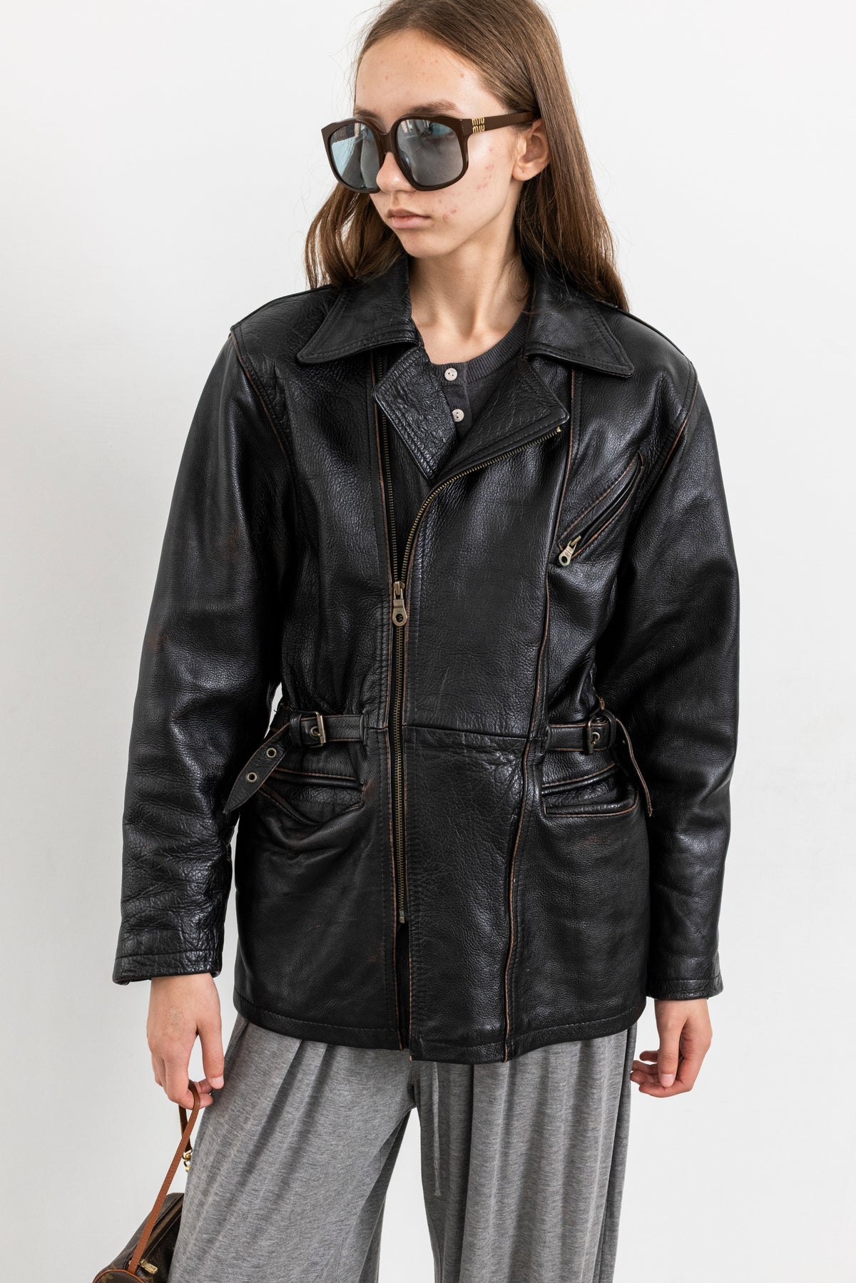 Vintage Black Leather Biker Jacket with Buckled Waist