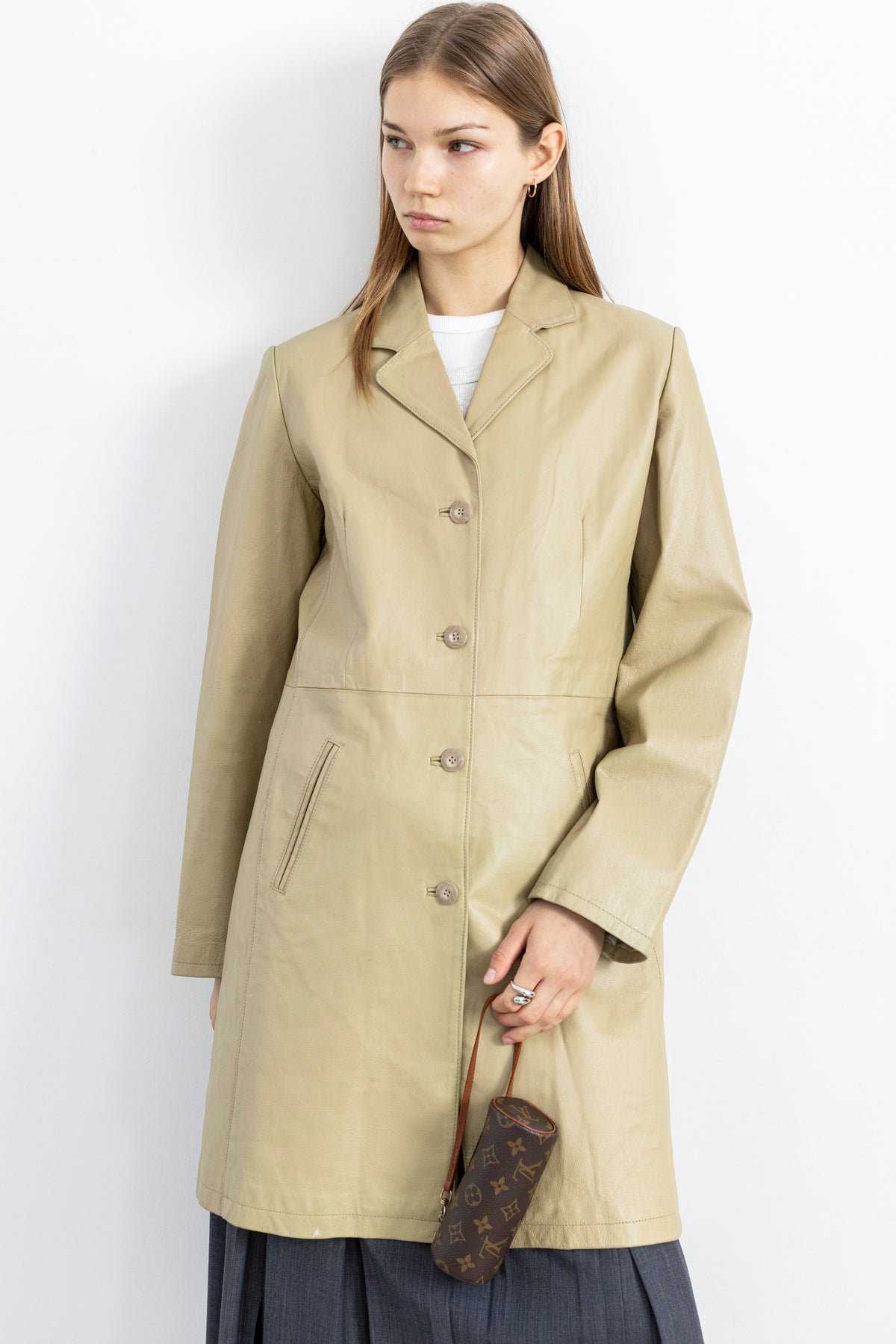 Vintage Beige Mid-Length Leather Jacket