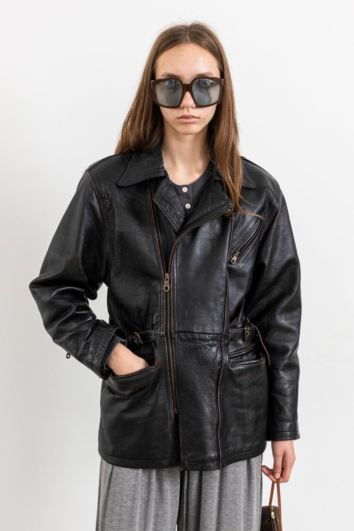 Vintage Black Leather Biker Jacket with Buckled Waist