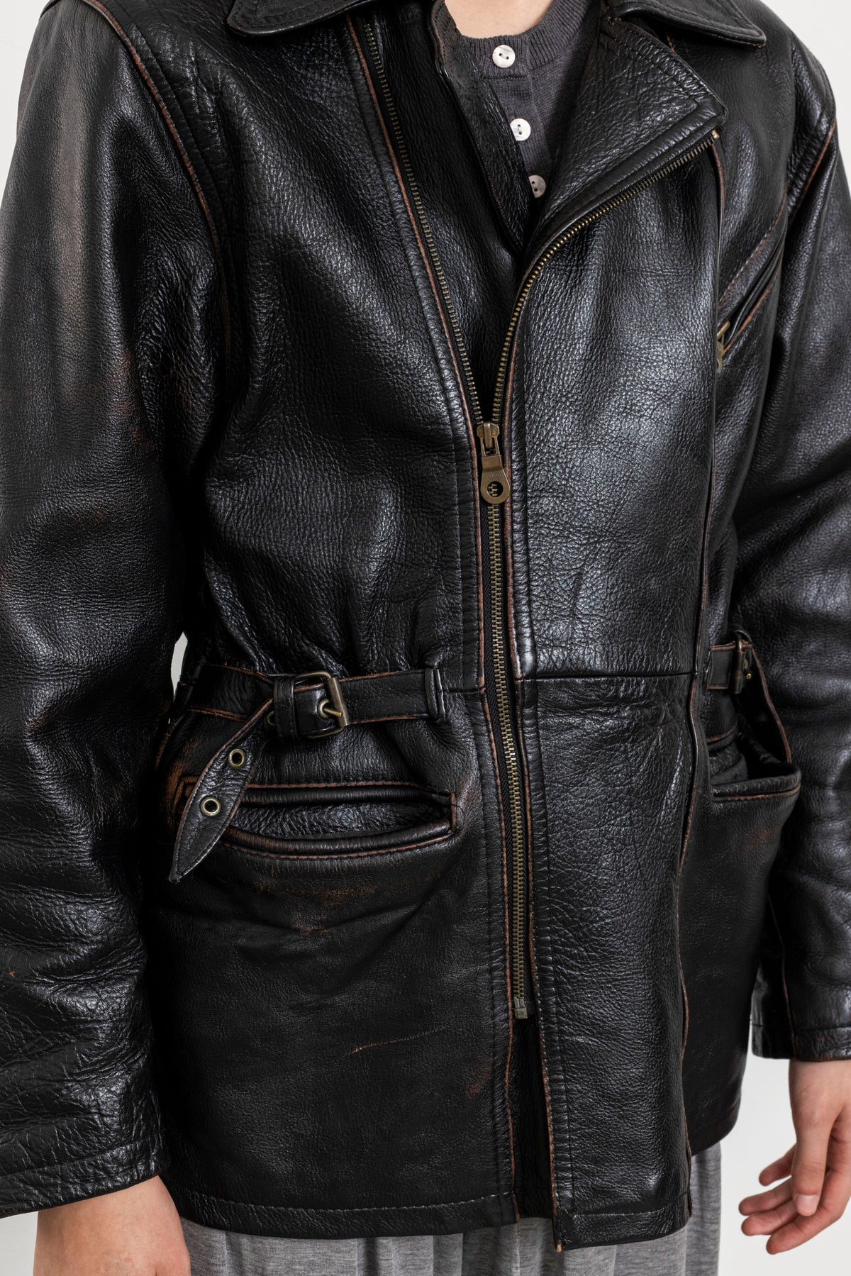 Vintage Black Leather Biker Jacket with Buckled Waist