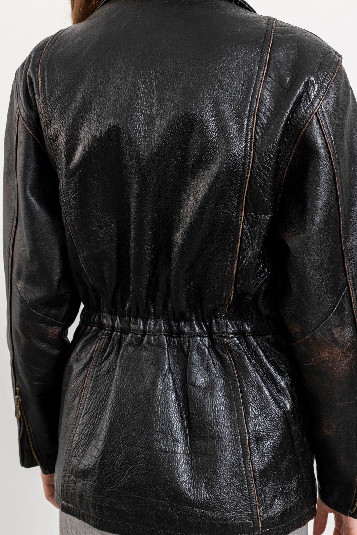 Vintage Black Leather Biker Jacket with Buckled Waist