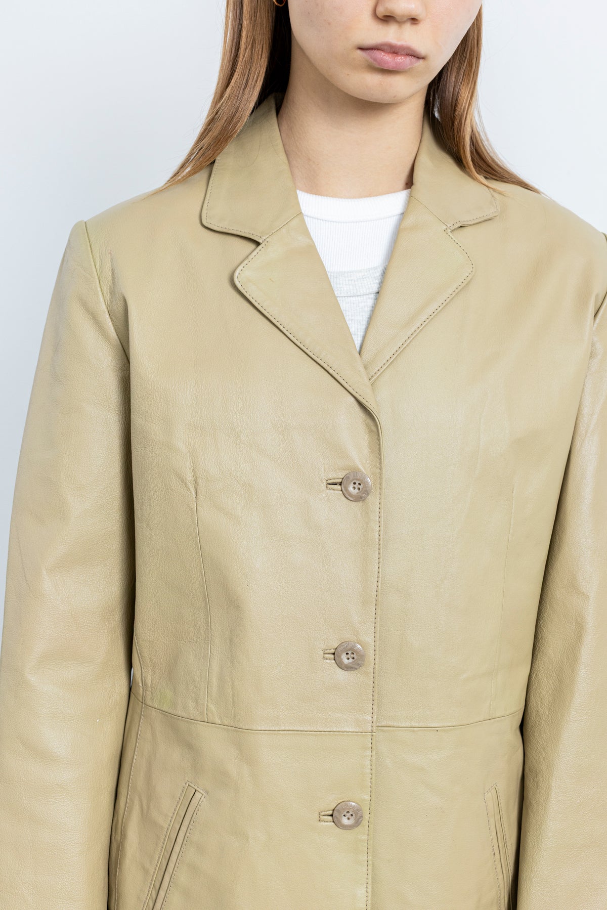 Vintage Beige Mid-Length Leather Jacket