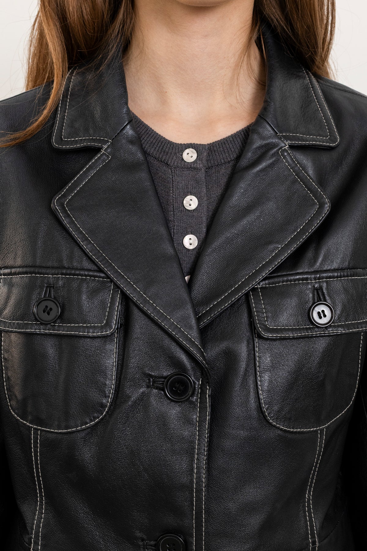 Vintage Black Leather Jacket with Contrasting Stitching