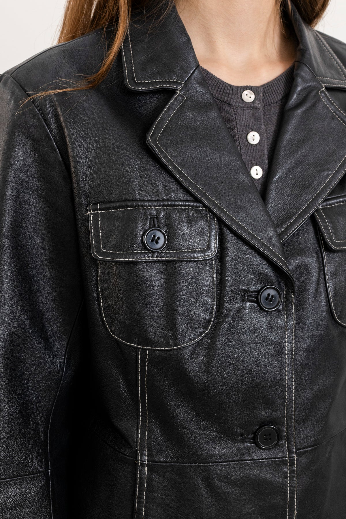 Vintage Black Leather Jacket with Contrasting Stitching