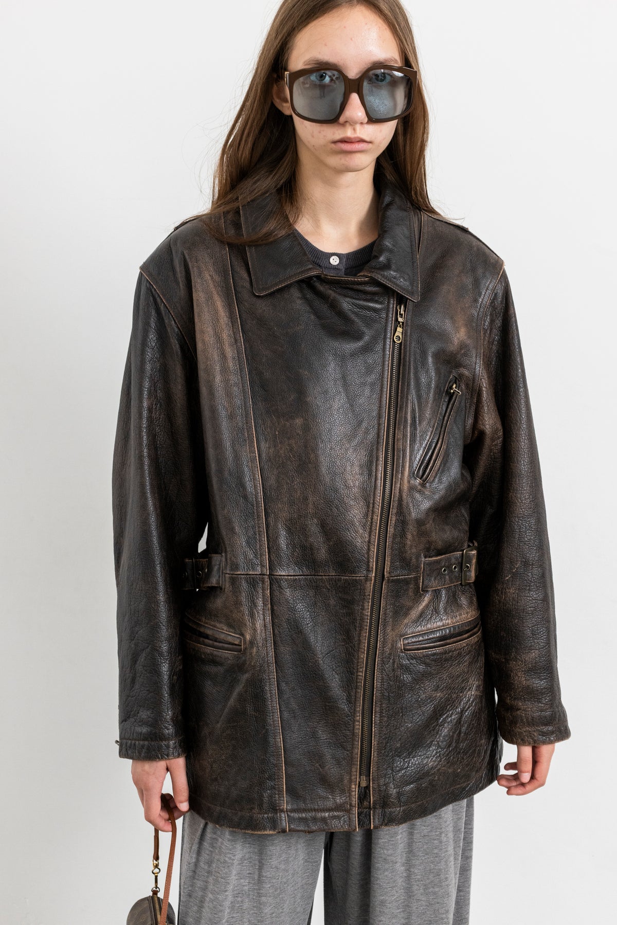 Vintage Brown Leather Biker Jacket with Buckled Waist
