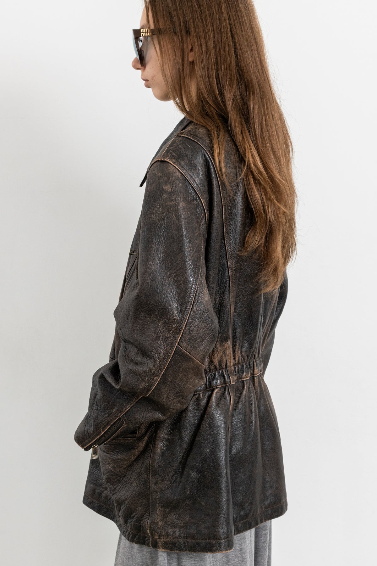 Vintage Brown Leather Biker Jacket with Buckled Waist
