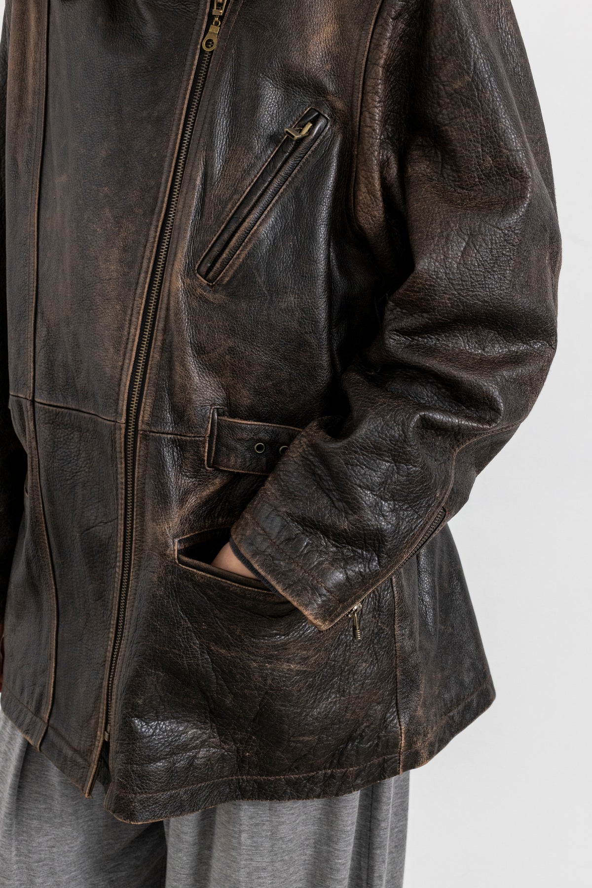 Vintage Brown Leather Biker Jacket with Buckled Waist